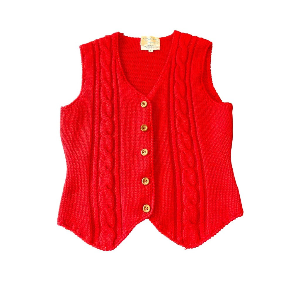De Mura Sweater Vest Red 100% Wool Cable Knit Button Front Waistcoat Vintage L
